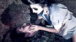 Brunette teases monster cock with kinky blowjob ending in massive facial cumshot