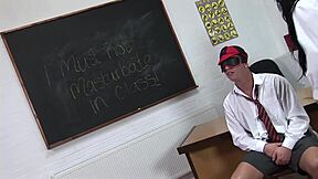 Blindfolded student take professor kerry louise cock on desk now