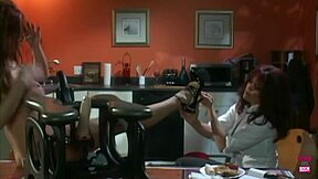 Redheaded Lesbian Babe Forces Big Titted Lady to Eat Cakes and Fruit in BDSM Heels