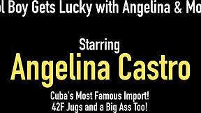 Big mouth latina Angelina Castro slurps monster cock with chubby babe!