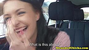 Hitchhiking brunette teen flashes tits for pickup pov voyeur