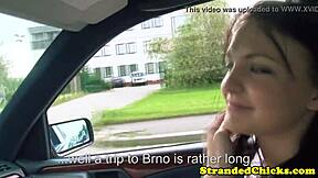 Hitchhiking brunette teen flashes tits for pickup pov voyeur