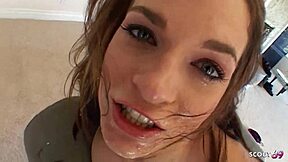 skinny ginger crissy cums hard getting bukkake facials from four old guys big cocks blowbang
