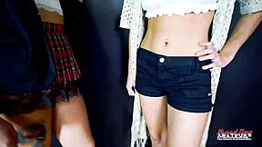 Skinny blonde Keyton screams as brunette Nica rims balls in wild 3some cock share!