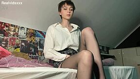 skinny brunette beauty strips teases her shaved pussy close-up masturbates to intense orgasm