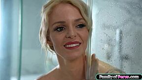 stepmom soaps up big tits in shower then deepthroats stepsons monster cock pov