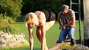 weird slut hardcore fucks outdoors with monster cock golden shower