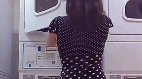 mimi teasing her latina pussy and big ass fingering outdoors at the public laundry