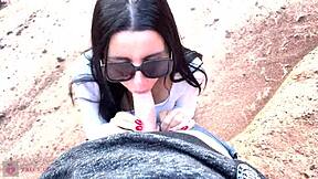 She GAVE a DEEP BLOWJOB with glasses in beautiful outdoor canyon