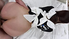 Petite big ass brunette cleaning lady bent over fucked doggystyle missionary in hotel room creampie on pussy