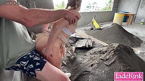 he spots me flashing then pins me down for rough creampie pounding on the dusty construction site