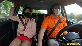 hot asian babe sucks my throbbing cock hard in car till it burns - fake driving school pov