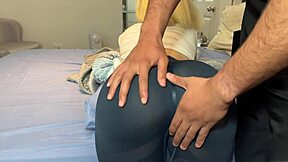 sexy bubble butt strains tight gym clothes over monster cock