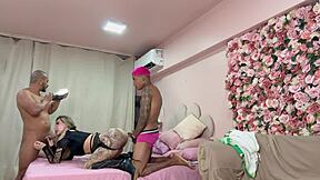 is that curvy latina's fat ass bent over taking two monster cocks doggystyle outdoors?