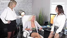 Blonde and brunette office girls kiss lick puffy nipples dive muffs with huge dildos vibrators uncensored