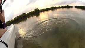 woman flashes huge boobs wildly on public boat deck outdoors