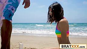 Tiny brunette's narrow ass stuffed by massive cock post-beach