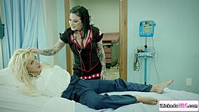 Busty lesbian nurse fingers teen patient then facesits her pussy hard