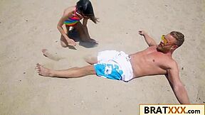 Tiny brunette's narrow ass stuffed by massive cock post-beach