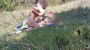 Slim sexy Hungarian mature wife flashes big natural tits then fucked hard outdoors in meadow