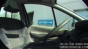 German teen strips naked outdoors at steamy car wash