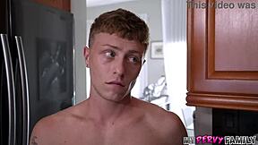 stepmom's shaved milf pussy drips as she rides stepson's huge cock behind hubbie's back