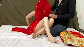 Skinny arab wife surprises horny hubby with tight shaved pussy fuck on karva chauth