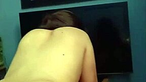 gf's juicy tits tempt sneaky eating out in parents room while kitchen noises distract