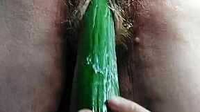 Old dutch european german granny fucks her hairy pussy with cucumber
