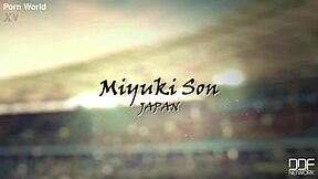 Japanese long hair girl greets with narrow ass and natural tits