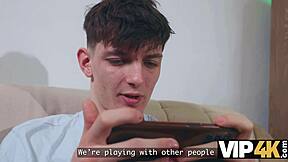 Girlfriend's virtual game turns real cowgirl cumshot from daddy