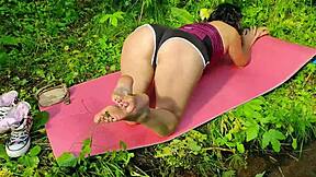 Stepmom strips naked outdoors teasing perfect tits and feet