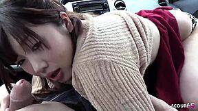 Japanese Petite Teen Pickup Sucks Old Guy's Cock First Time in Car Uncensored