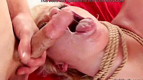 blonde bound slave sucks monster cocks in gangbang circle