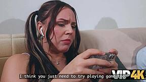 Girlfriend's virtual game turns real cowgirl cumshot from daddy