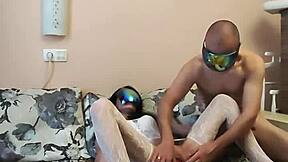 Skinny wife spreads open pussy hole in white stockings!