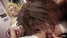 two big tits lesbians in fishnets slowly seduce then fuck with dildos and tongues