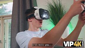 Girlfriend's virtual game turns real cowgirl cumshot from daddy