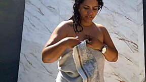 creampied pussy wife showers naked backyard for neighbors hairy fingering beach