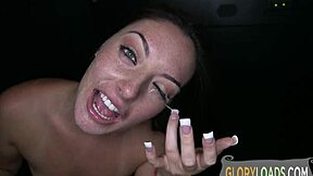 Hot Brunette Grinds Gloryhole Cock Before Deepthroat Suck