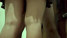 skinny latina lifts leg for quick interracial pussy fuck from below big cock