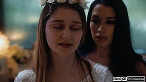 Stepsis dives into bride's hairy pussy for taboo lesbian licks