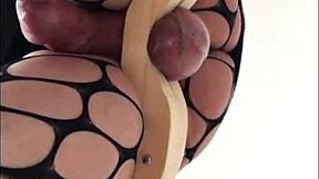 Ladyboy strokes monster cock in tight miniskirt pantyhose