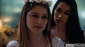 Stepsis dives into bride's hairy pussy for taboo lesbian licks