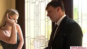 blonde teen babysitter deepthroats boss cock after shift ends