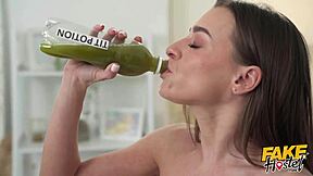 young backpacker sips potion in hostel and her tits balloon massively