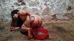 shemale stuffs huge pickle deep in ass after enema for squirting anal fun