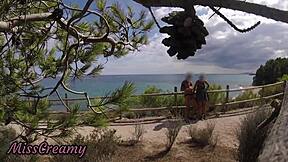 hey french beach girl i flash my cock you stroke it to mouth cumshot caught on cam