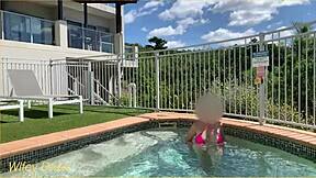 Exhibitionist Wife Dares Flash Big Tits Nude at Crowded Hotel Pool