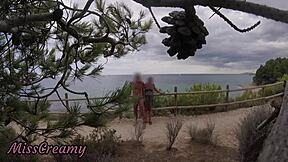 hey french beach girl i flash my cock you stroke it to mouth cumshot caught on cam